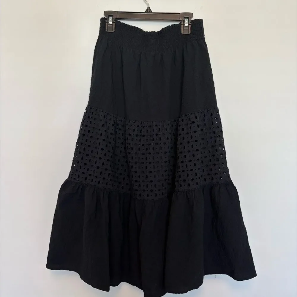 Nine West Eyelet Midi Skirt Black Boho cottage whimsygoth Women's XS